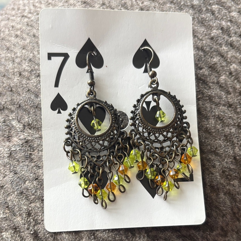 Filigree Chandelier Earrings with Green and Amber Beads